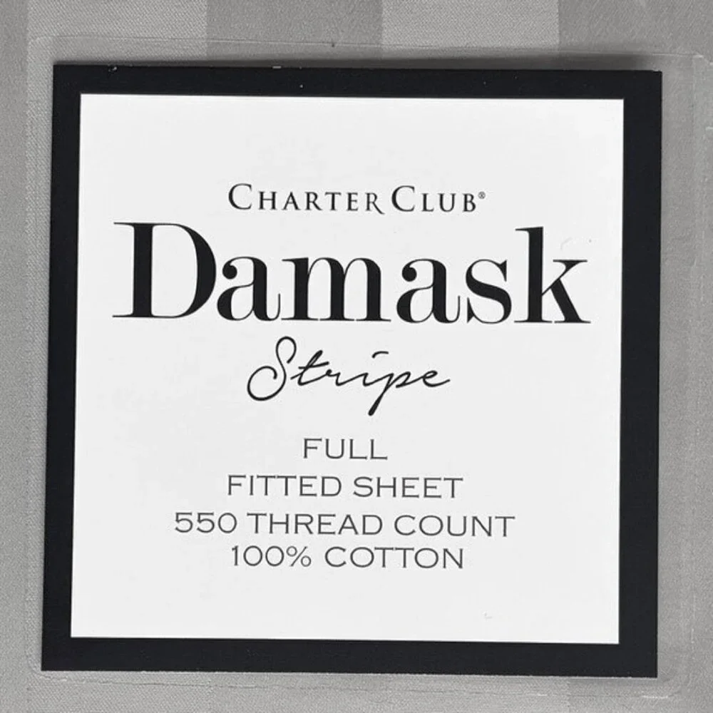 new SMOKE GRAY Charter Club Damask 550 TC 100% Cotton Stripe Full Fitted Sheet
